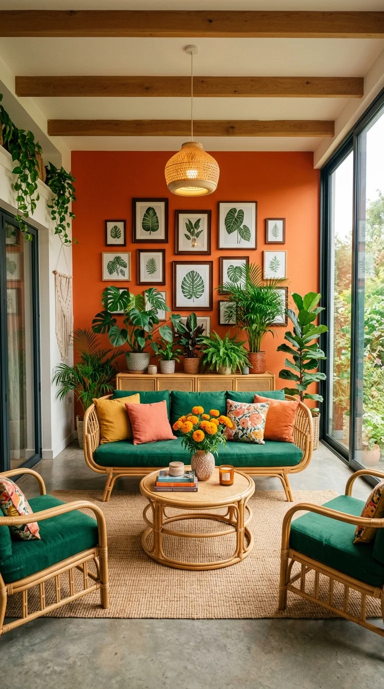 Burnt orange accent wall with botanical gallery art and green velvet rattan sofa
