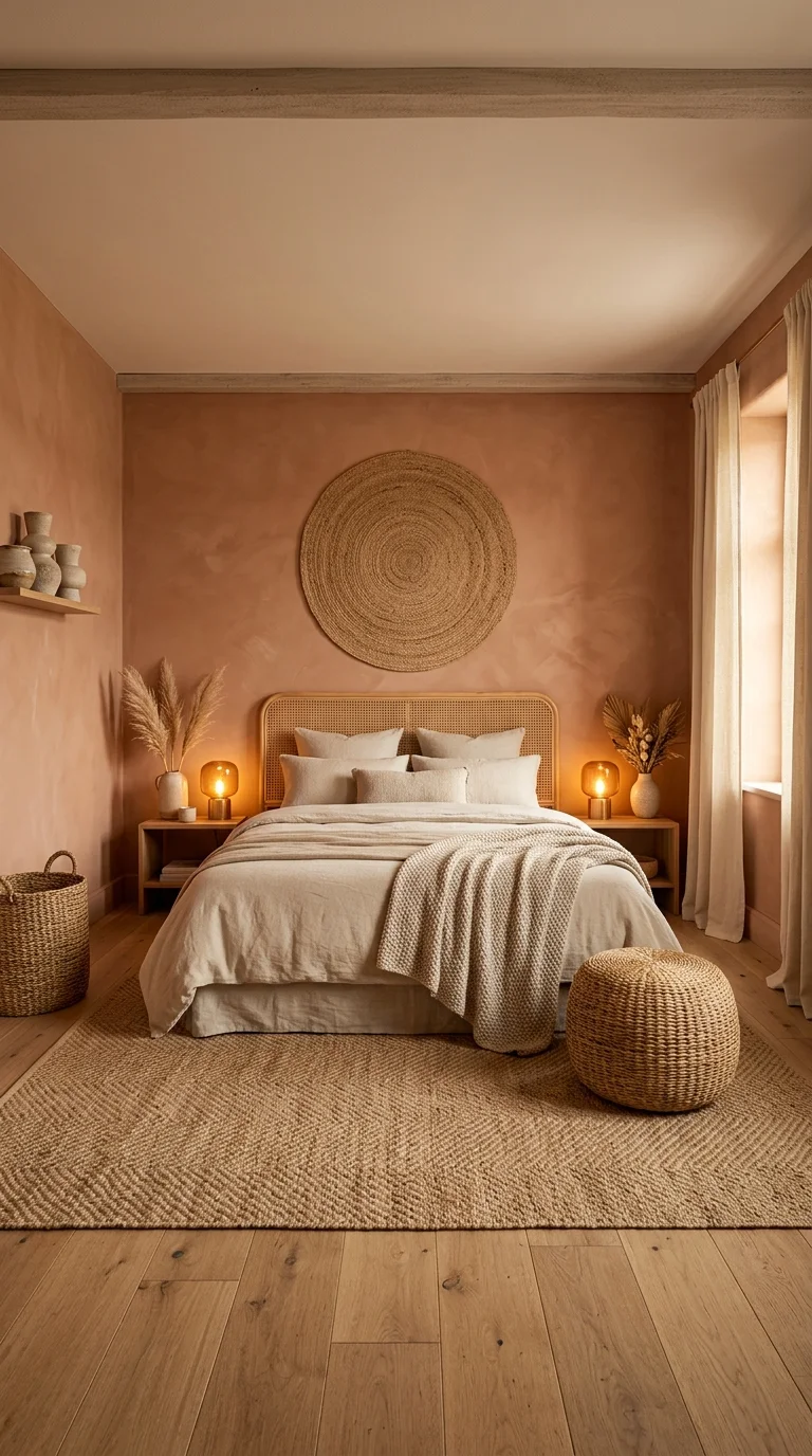 Terracotta bedroom with round jute wall art above a rattan headboard