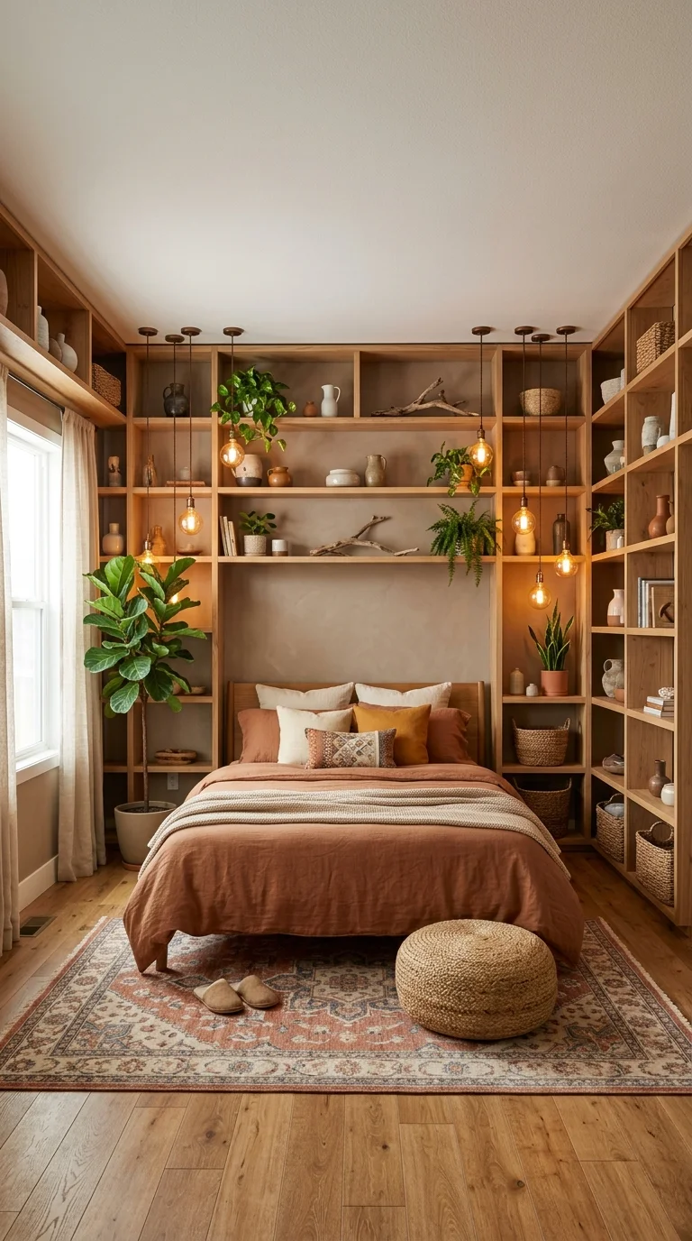 Small bedroom with floor-to-ceiling wood shelving surrounding the bed