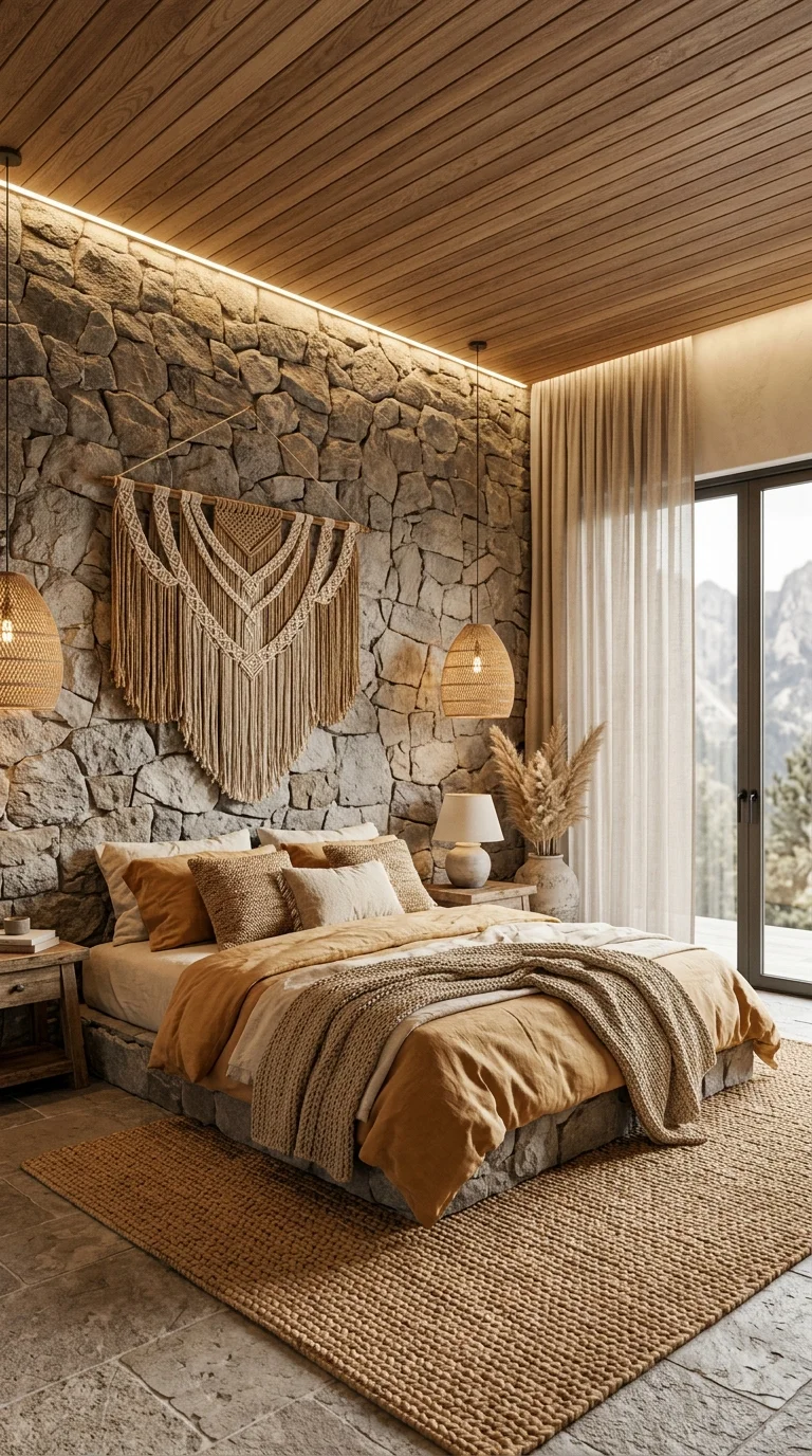 Stone accent wall bedroom with a macrame hanging and mountain view