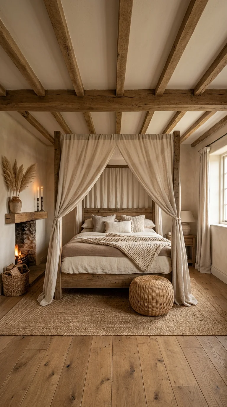 Four-poster canopy bed with linen curtains beside a working fireplace