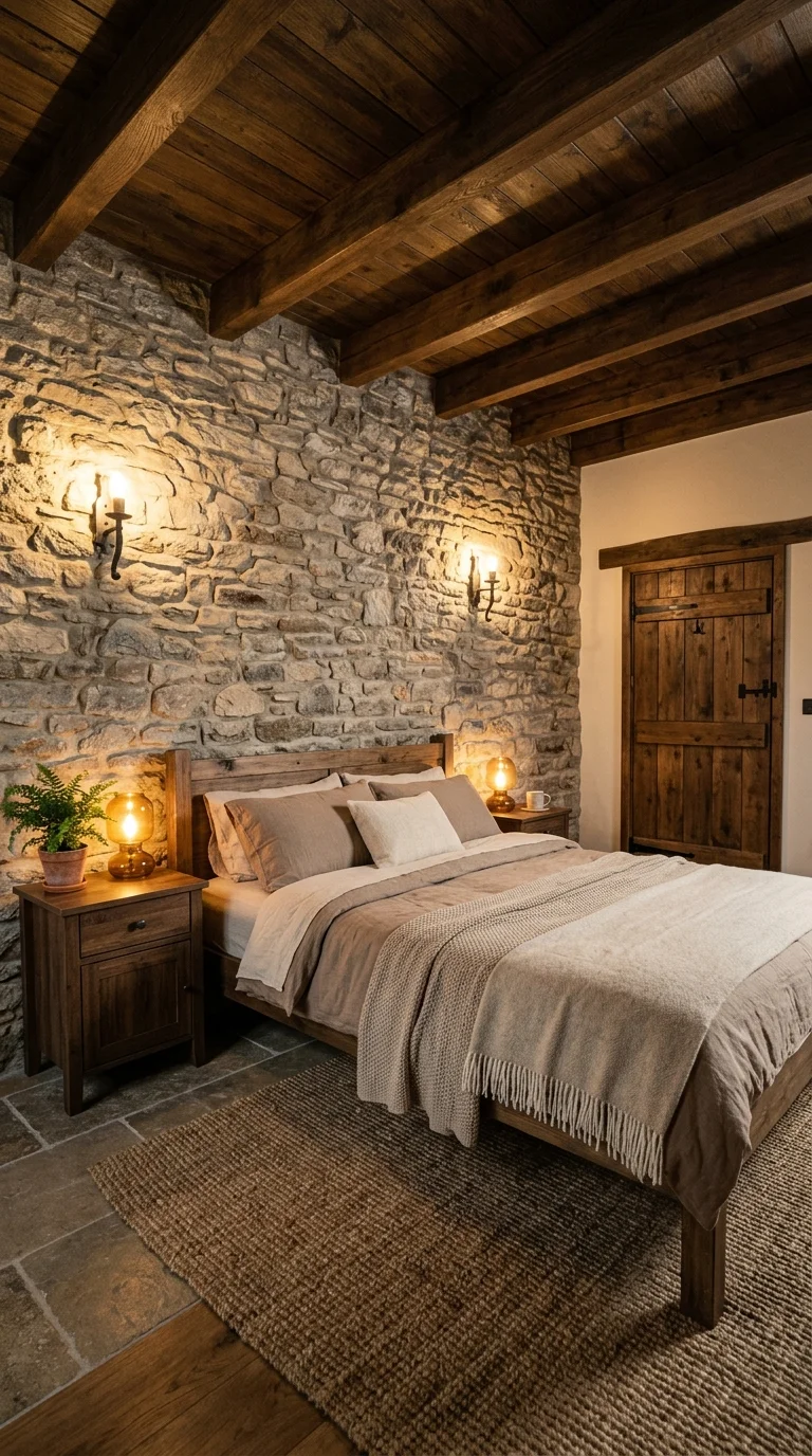 Stone wall bedroom lit by wall sconces instead of table lamps