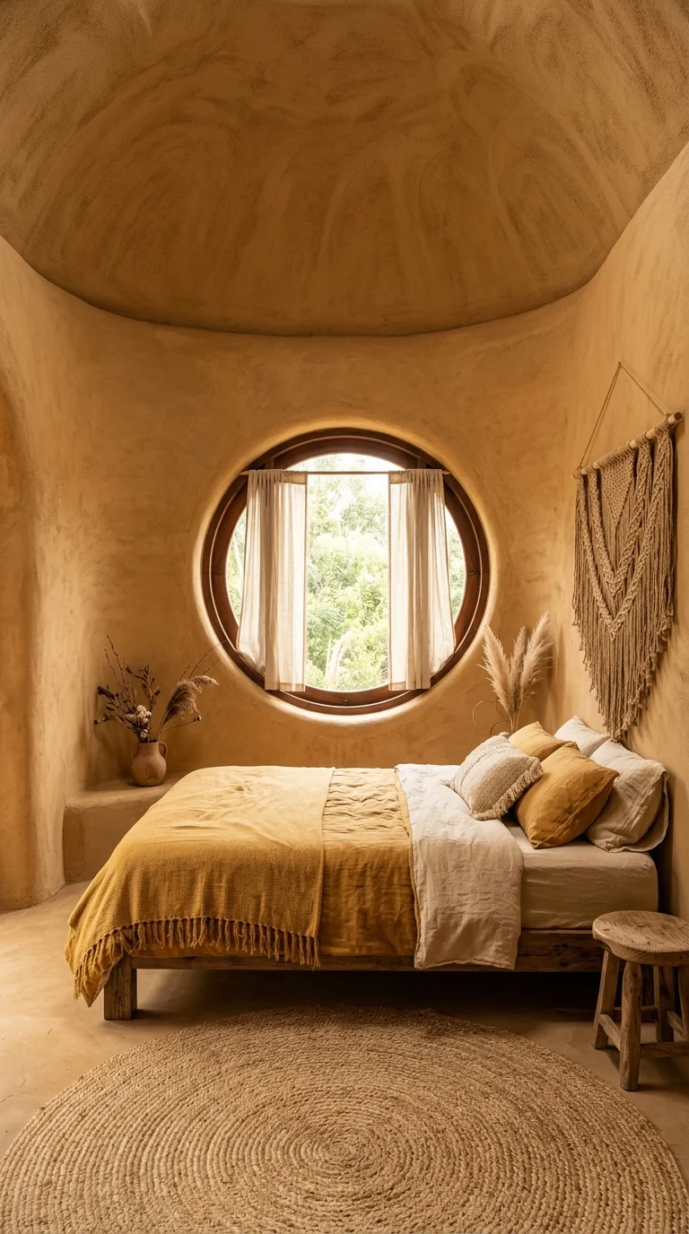 Curved adobe bedroom with a round window and mustard bedding
