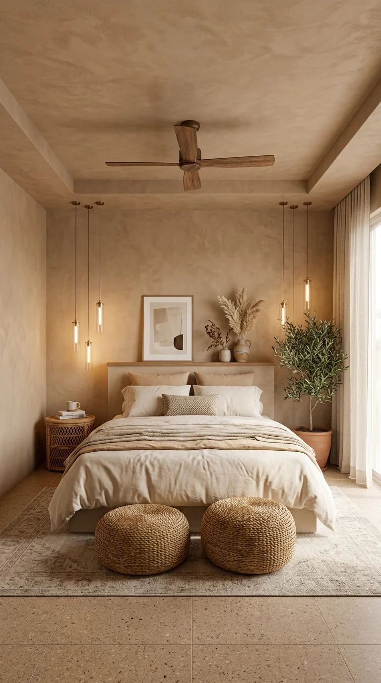 Minimalist bedroom with terrazzo flooring and pendant lights on either side of the bed