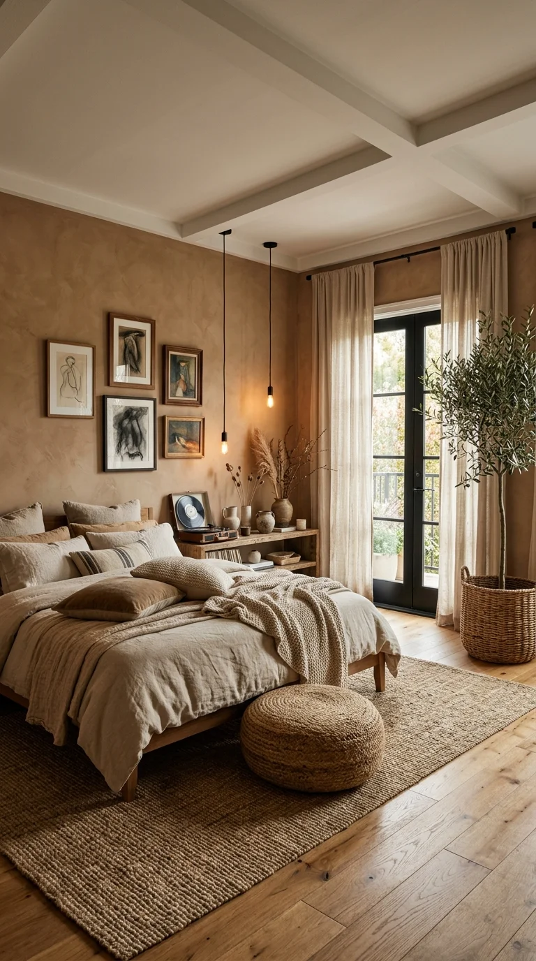 Bedroom with a charcoal sketch gallery wall and a vinyl record nook