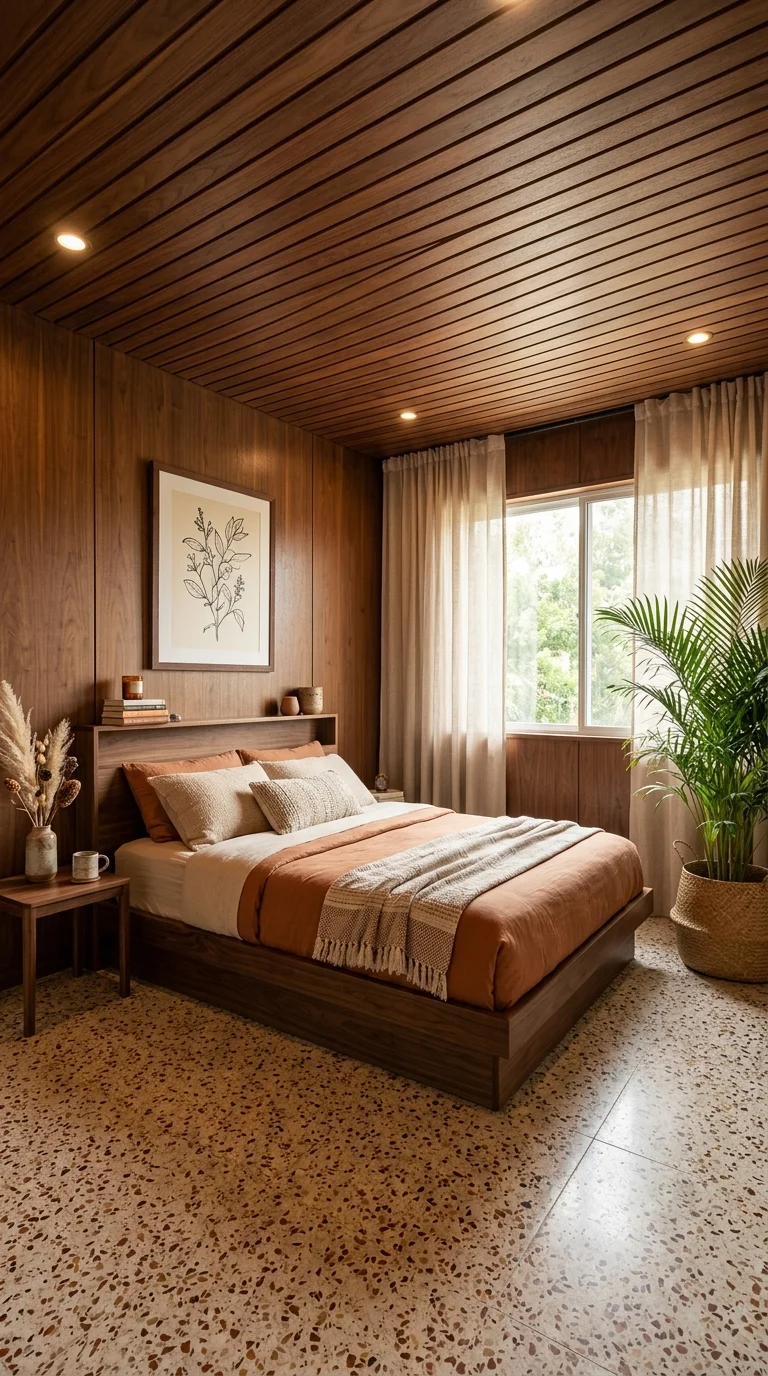 Bedroom with wood slat ceiling and paneling paired with terrazzo flooring