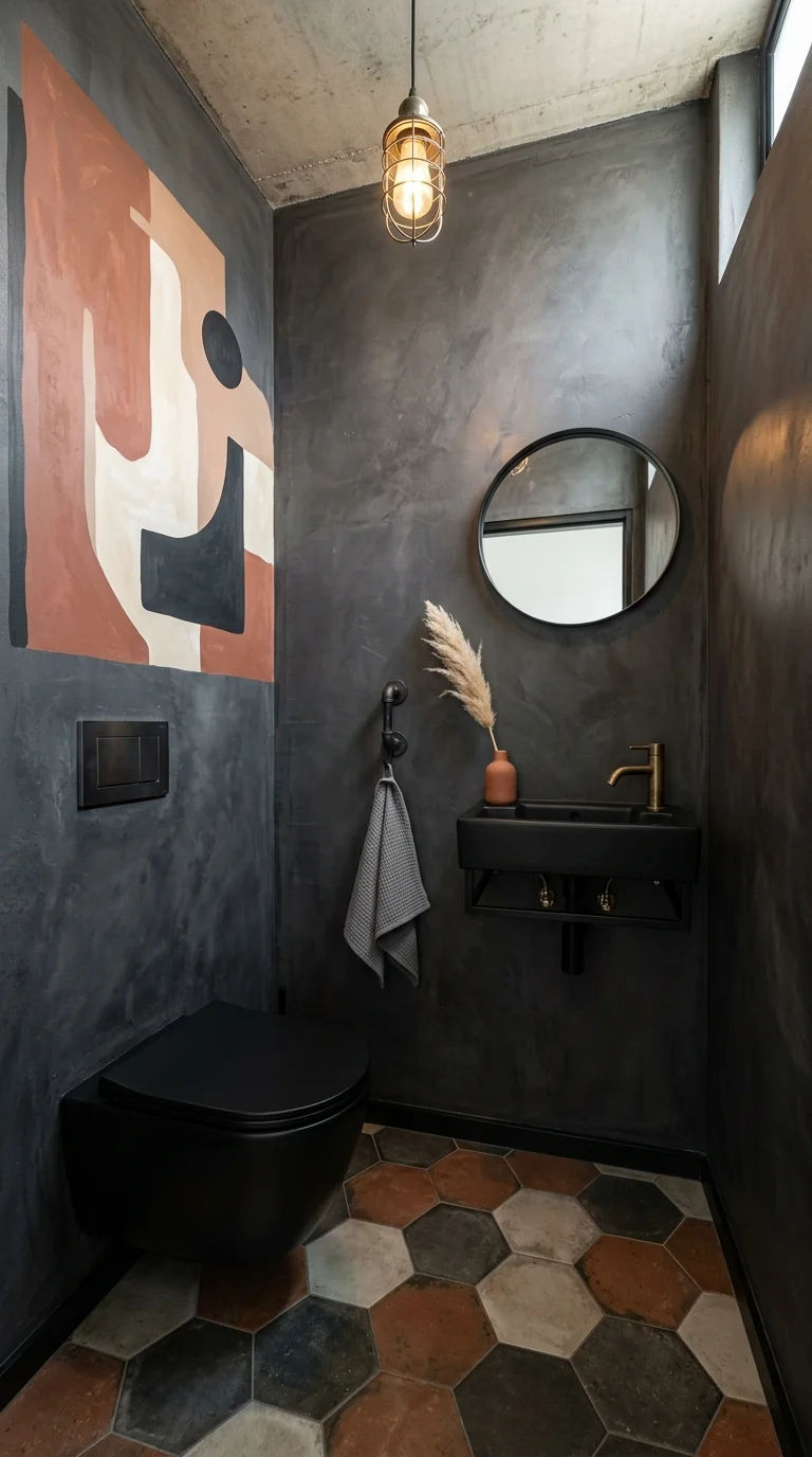Small industrial powder room with terracotta abstract mural and black hexagon tile floor