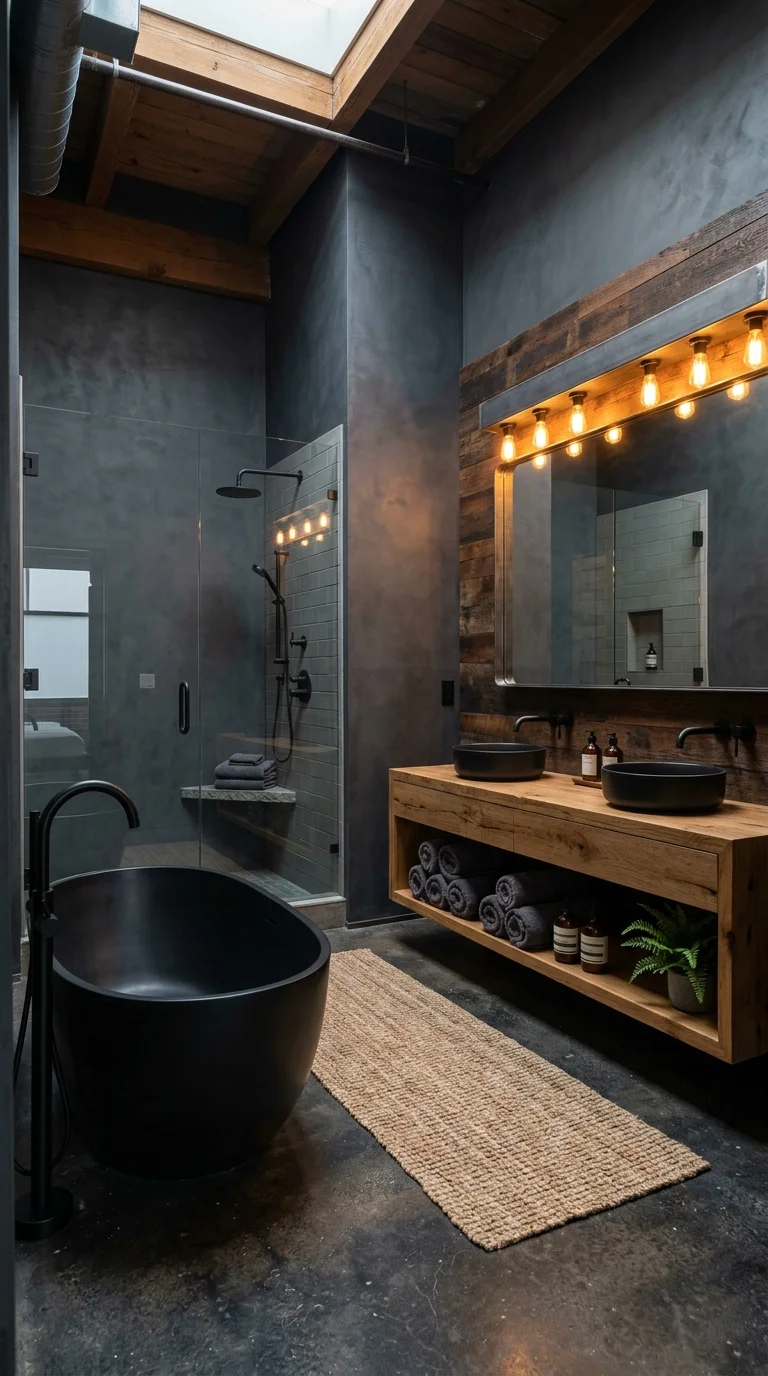 Large industrial bathroom with black soaking tub, glass shower, and reclaimed wood double vanity