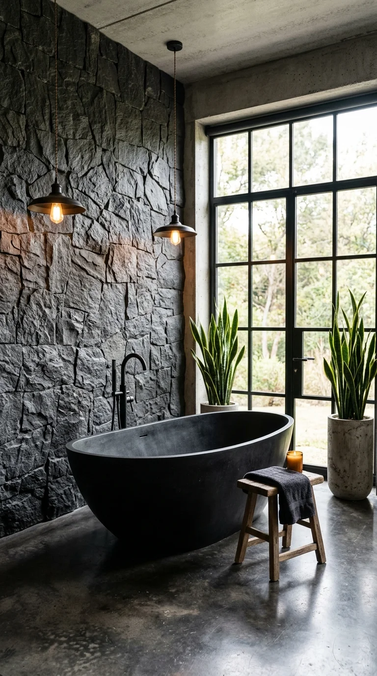 Black concrete soaking tub against a rough stacked stone accent wall with large windows
