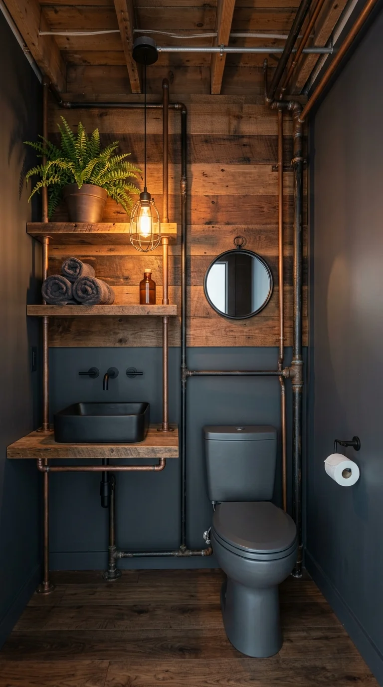 Tiny industrial bathroom with copper pipe shelving and a reclaimed wood plank wall