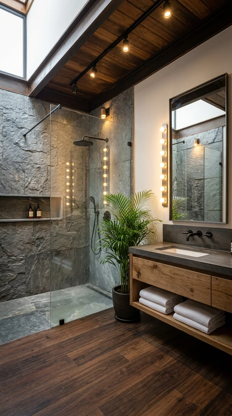 Industrial bathroom with a wood-clad ceiling, track lighting, and a gray stone shower