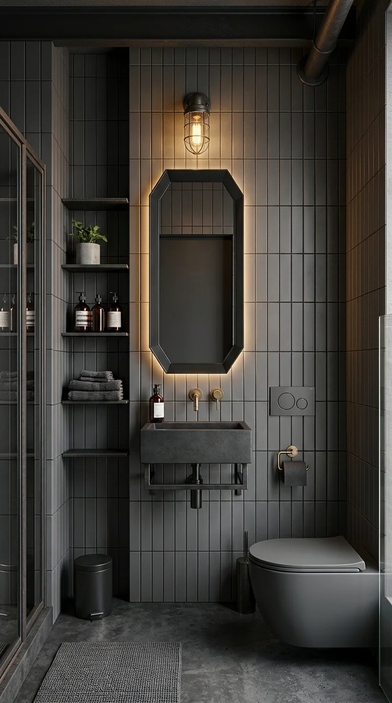 Small bathroom with vertical charcoal tile, a backlit octagon mirror, and a black wall-hung toilet