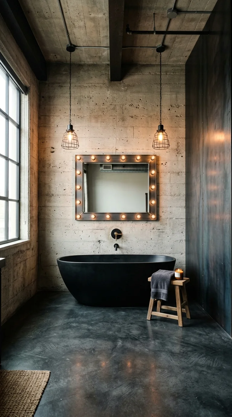 Loft bathroom with a black tub against a raw poured concrete wall and a marquee bulb mirror