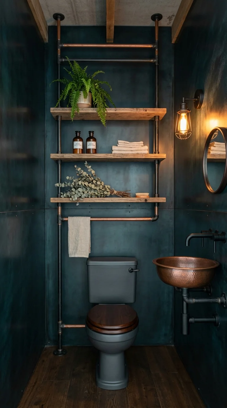 Powder room with deep teal Venetian plaster walls and a hammered copper vessel sink