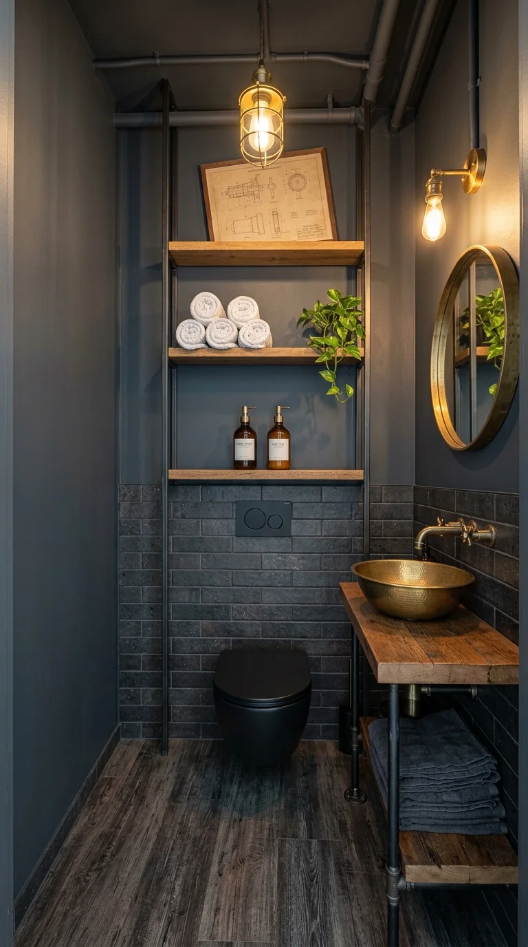 Industrial bathroom with charcoal subway tile, a brass vessel sink, and a framed vintage blueprint