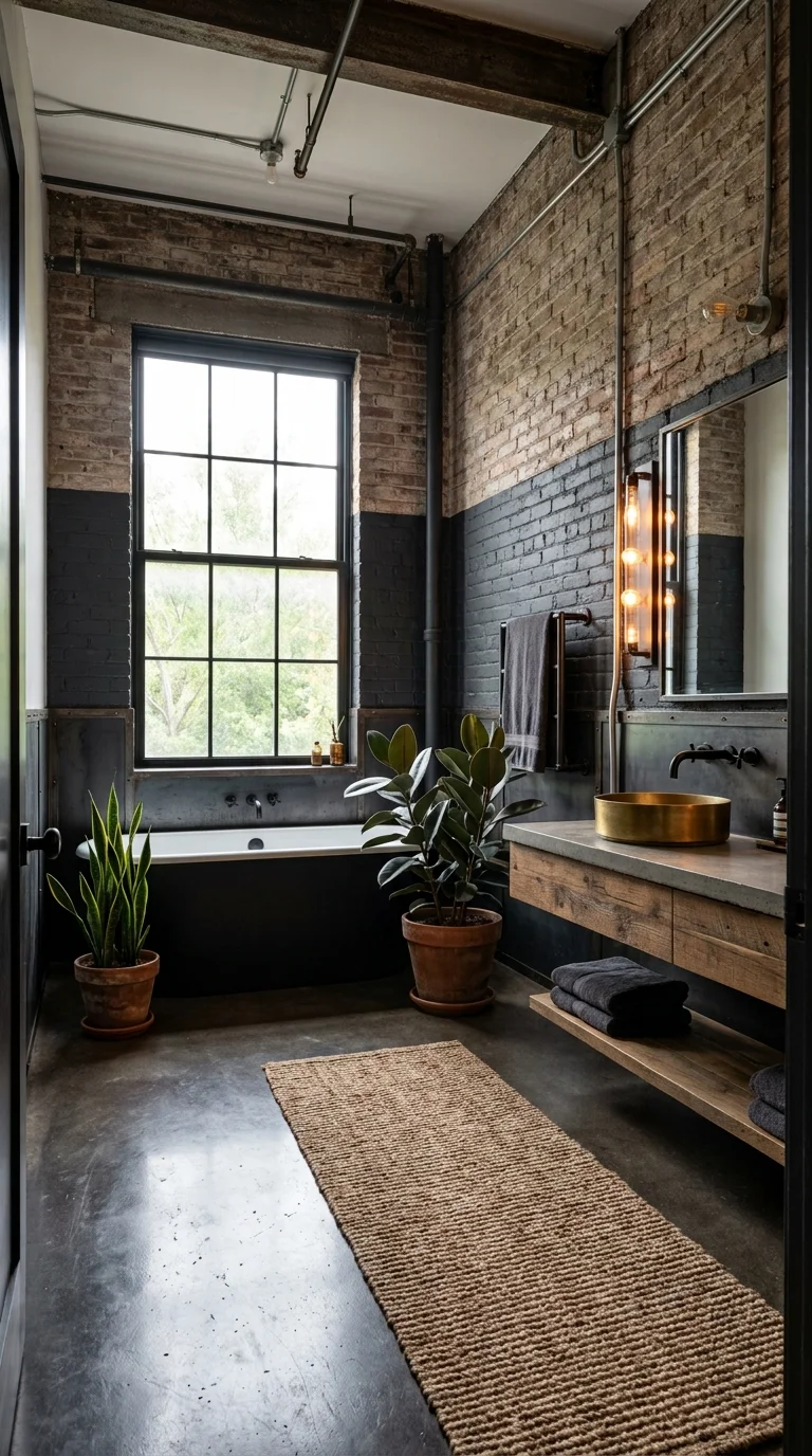 Large bathroom with exposed brick walls, a factory-style window, and a brass vessel sink vanity