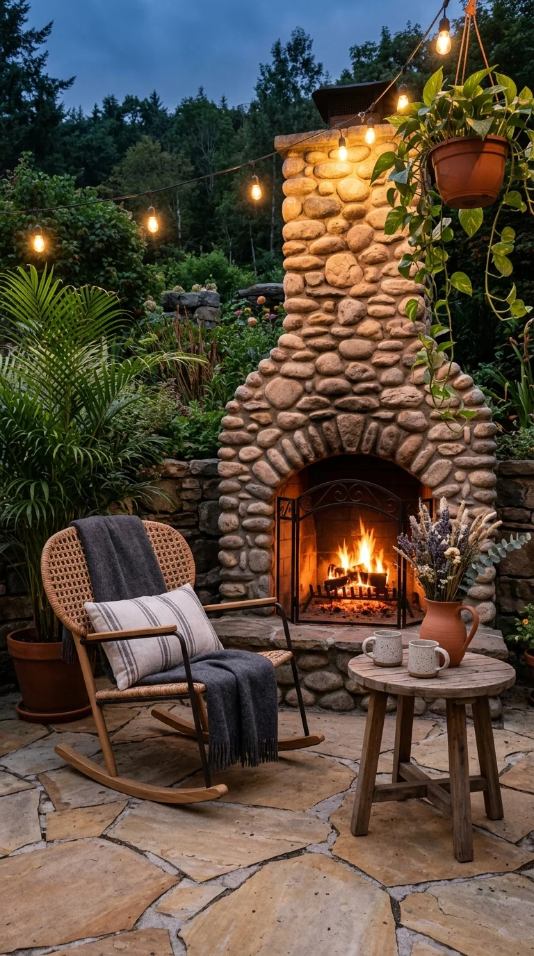 Rattan rocking chair with blanket beside a tall stone garden fireplace