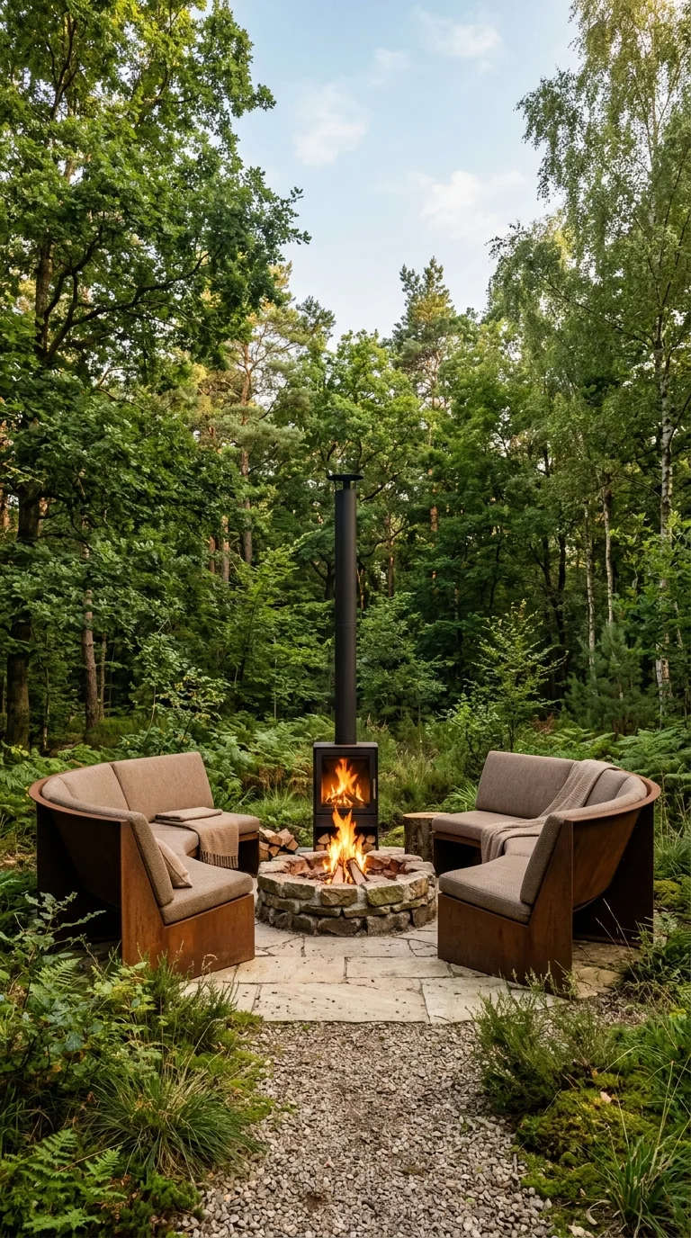 Two curved corten steel lounge chairs facing a stone fire ring in a forest