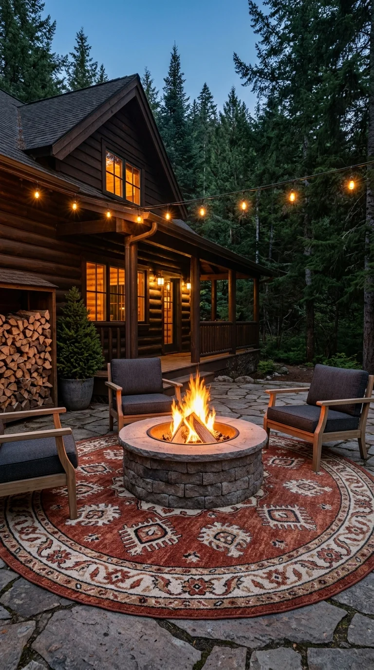 Wooden armchairs and a patterned rug around a stone fire pit at a log cabin