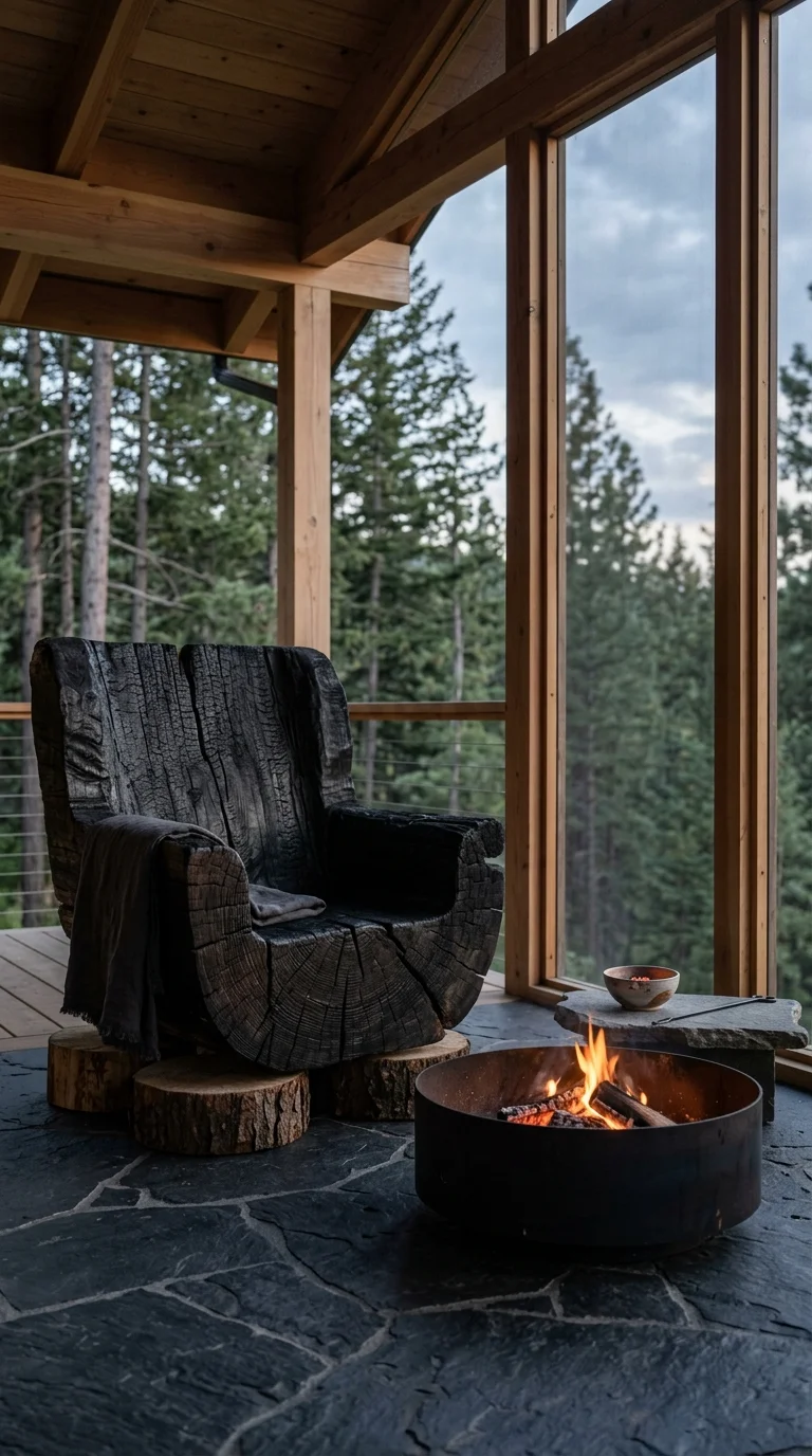Sculptural charred wood chair beside a steel fire bowl on a covered deck