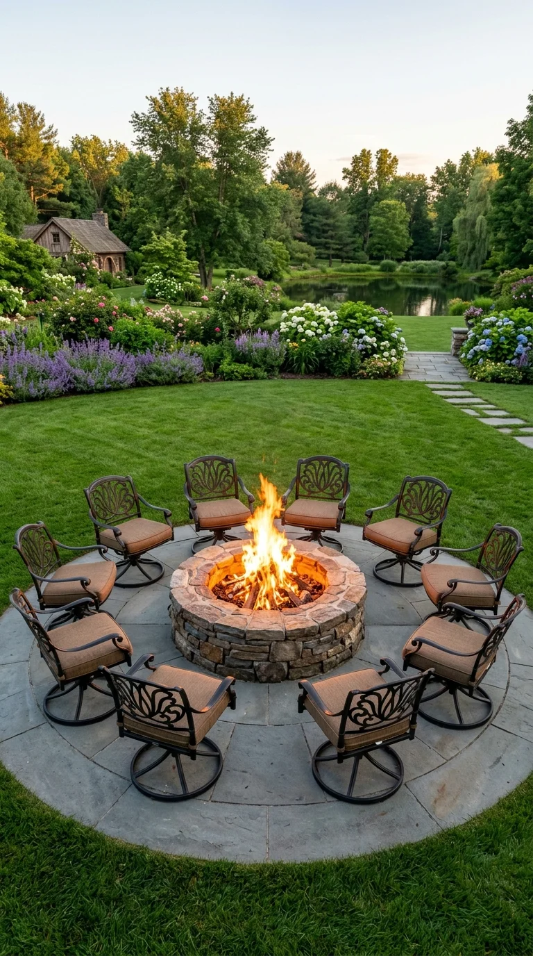 Ten matching wrought iron swivel chairs circling a large stone fire pit on a lawn