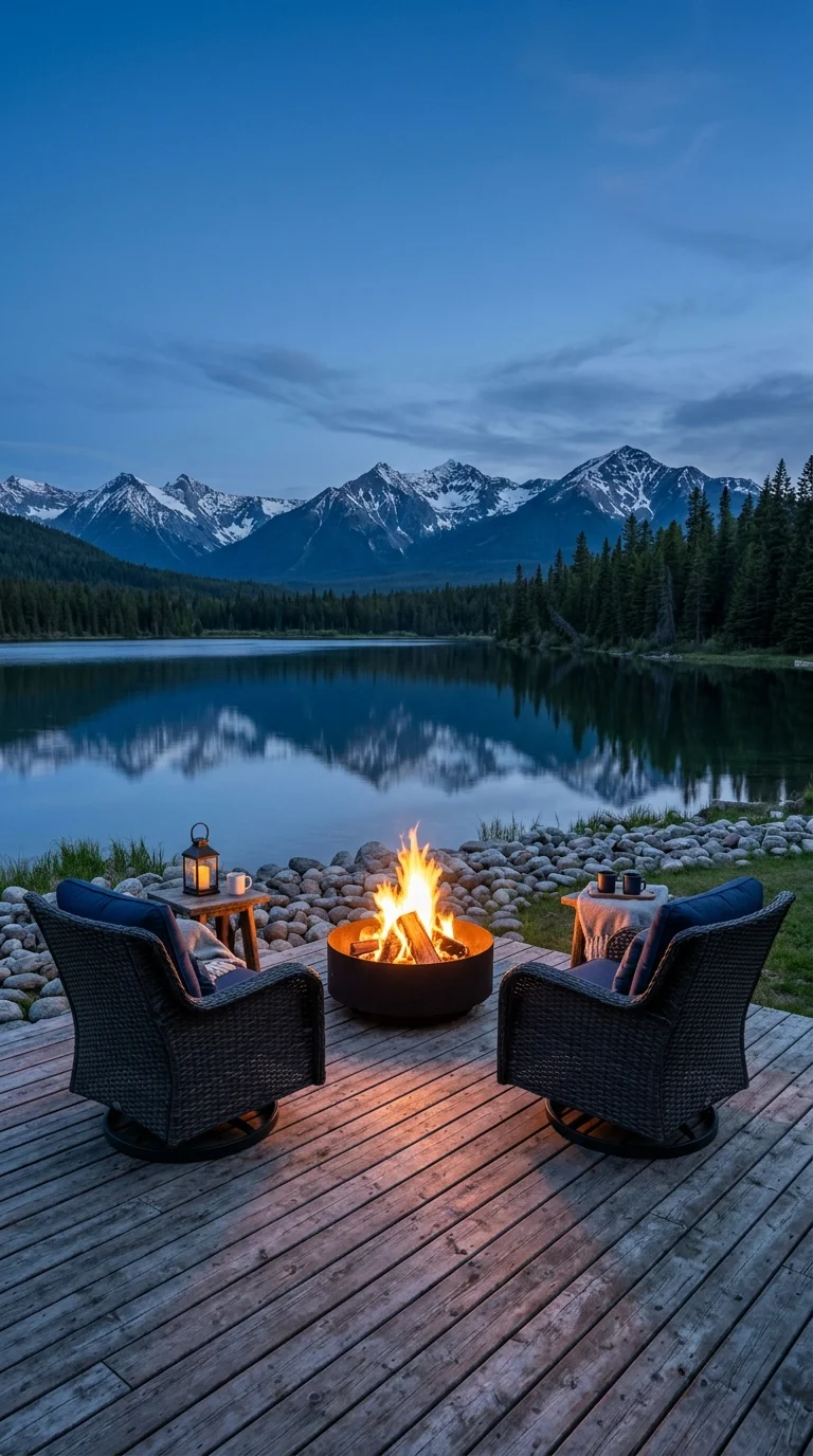 Two wicker swivel chairs on a deck facing a fire bowl and mountain lake