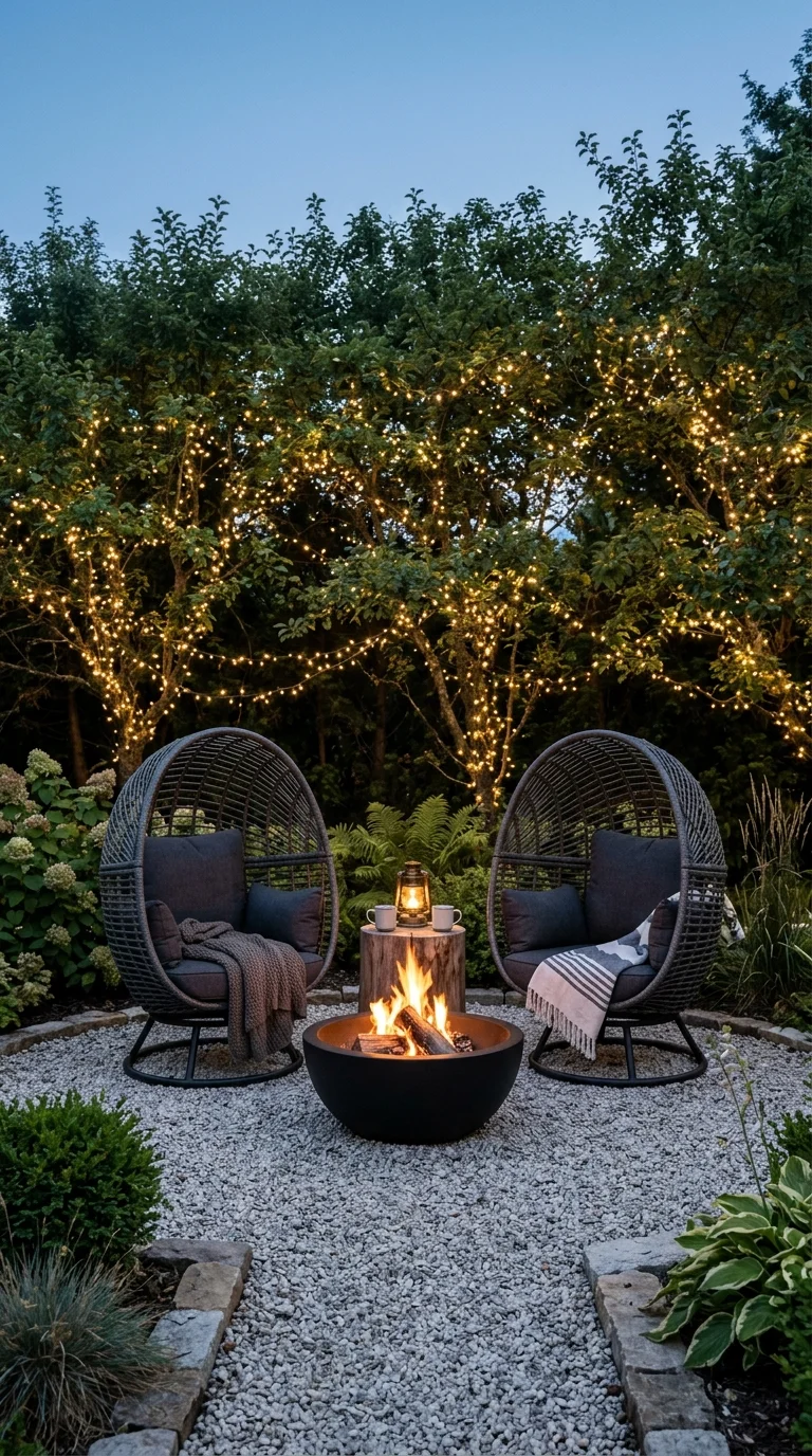 Two woven egg chairs facing a fire bowl in front of string-lit trees