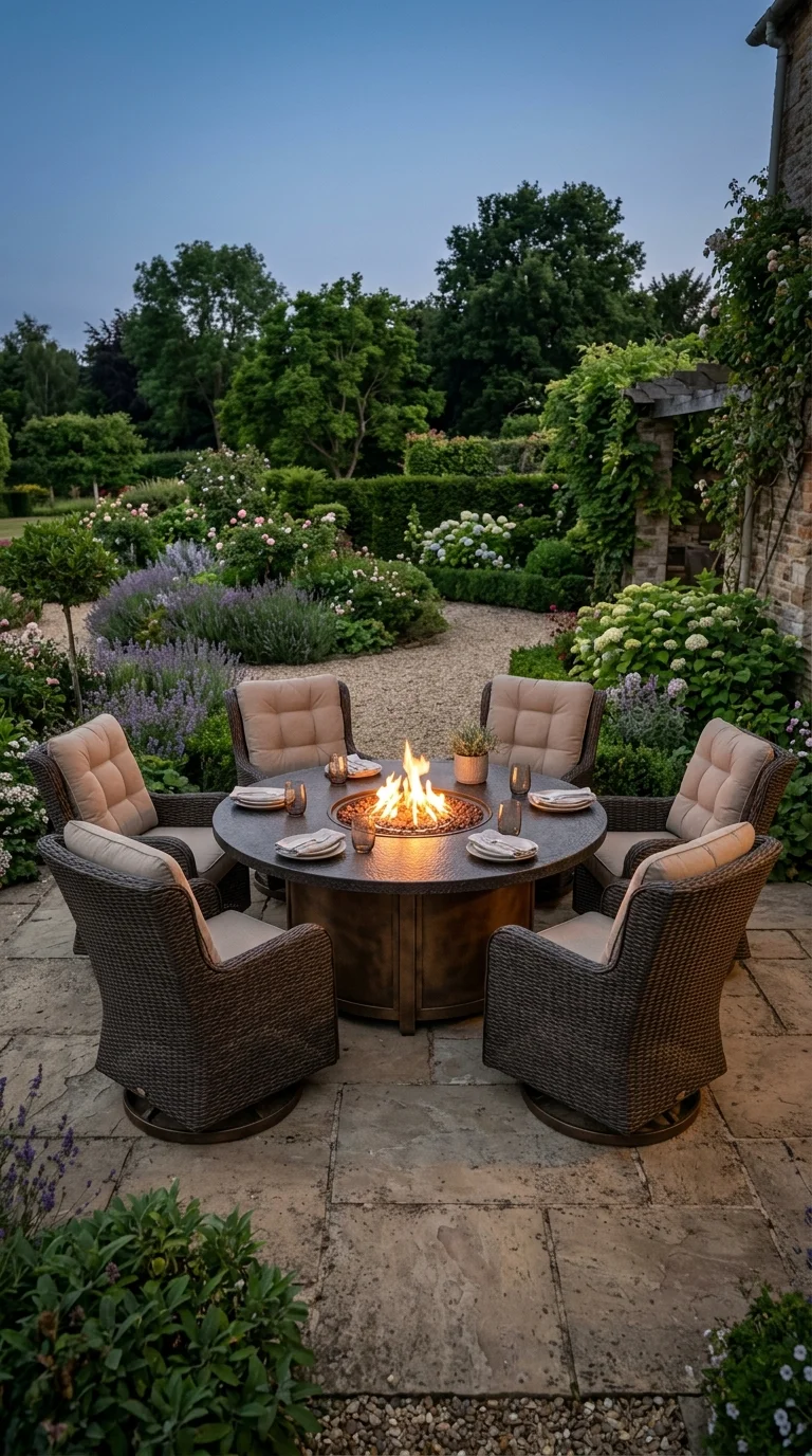 Six wicker dining chairs set around a round fire pit table in a garden