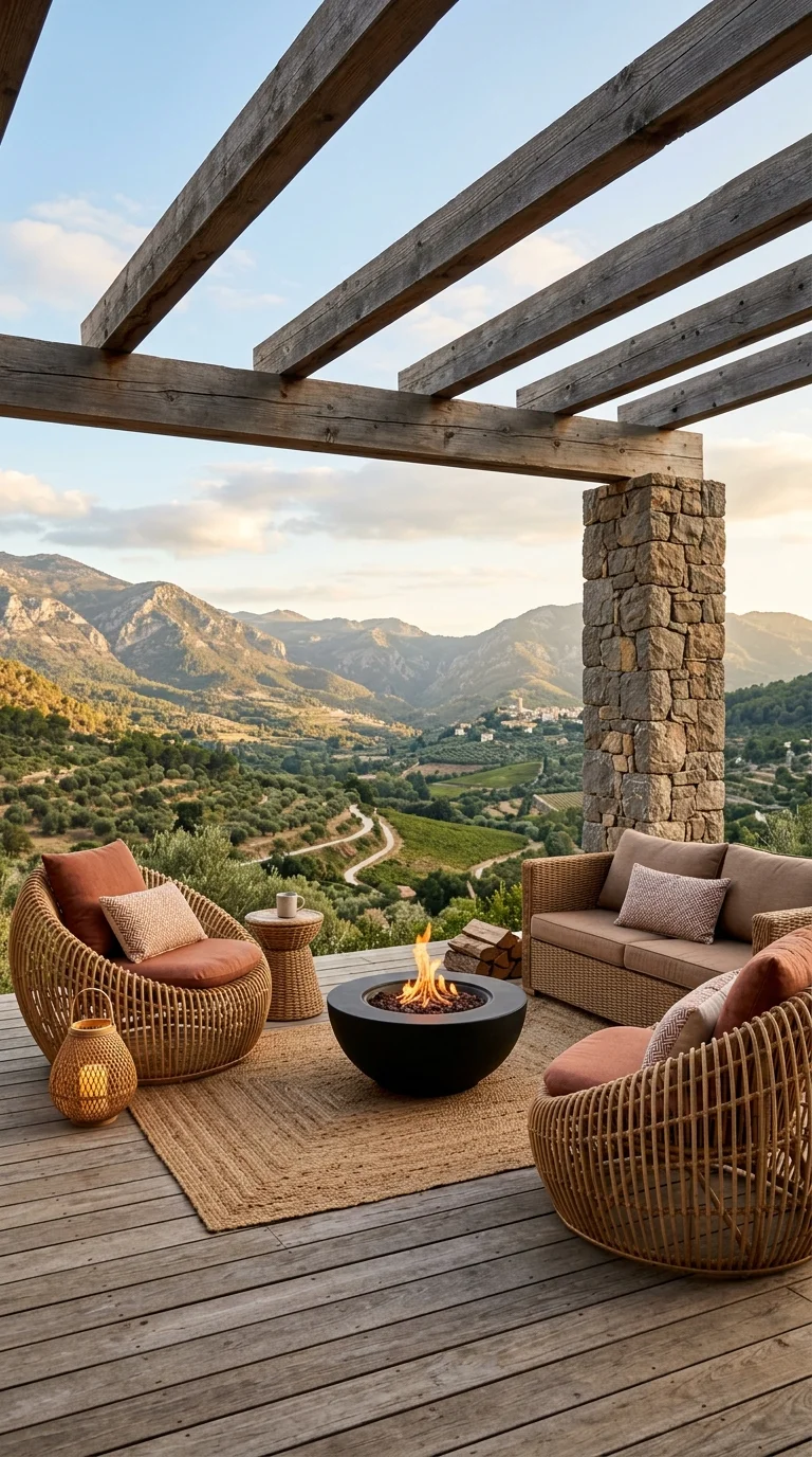 Rattan lounge chairs and a fire bowl under a wood pergola overlooking hills