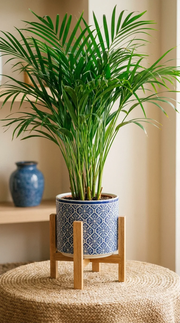 Areca palm in a blue floral ceramic pot on a wood stand
