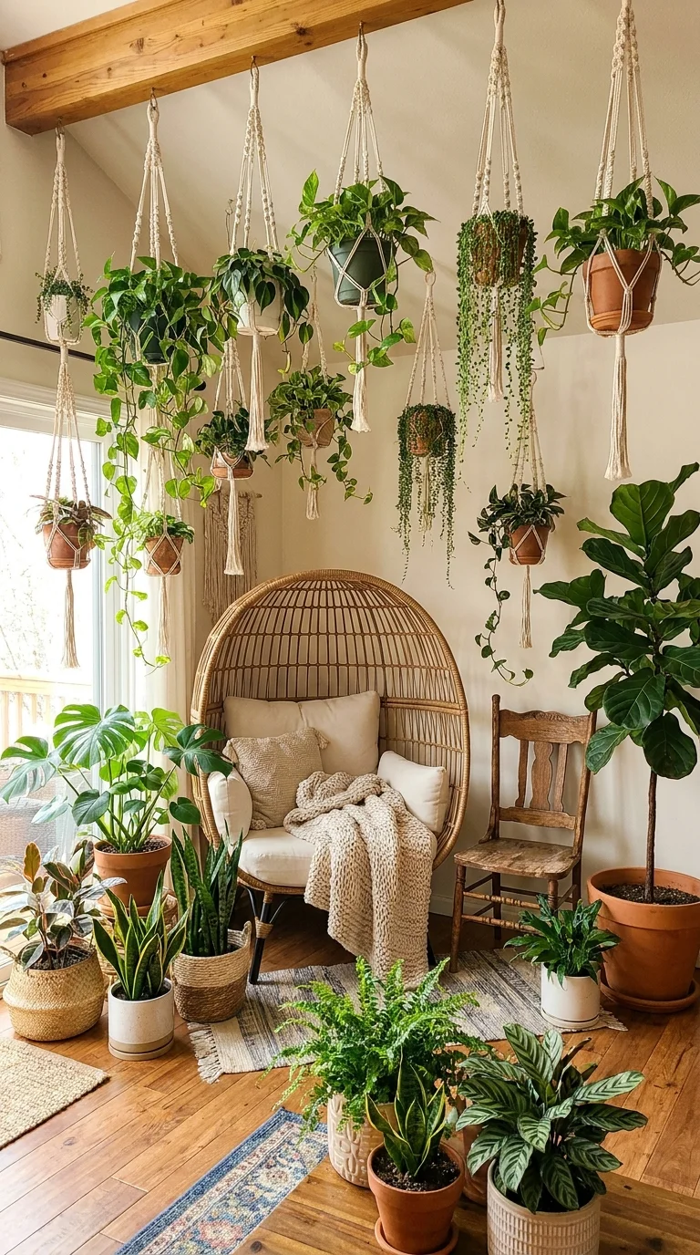Macrame plant hangers filling a ceiling above a rattan egg chair
