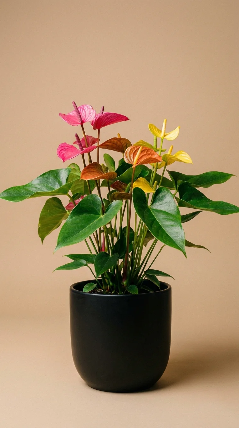 Pink and yellow anthurium blooms in a matte black planter