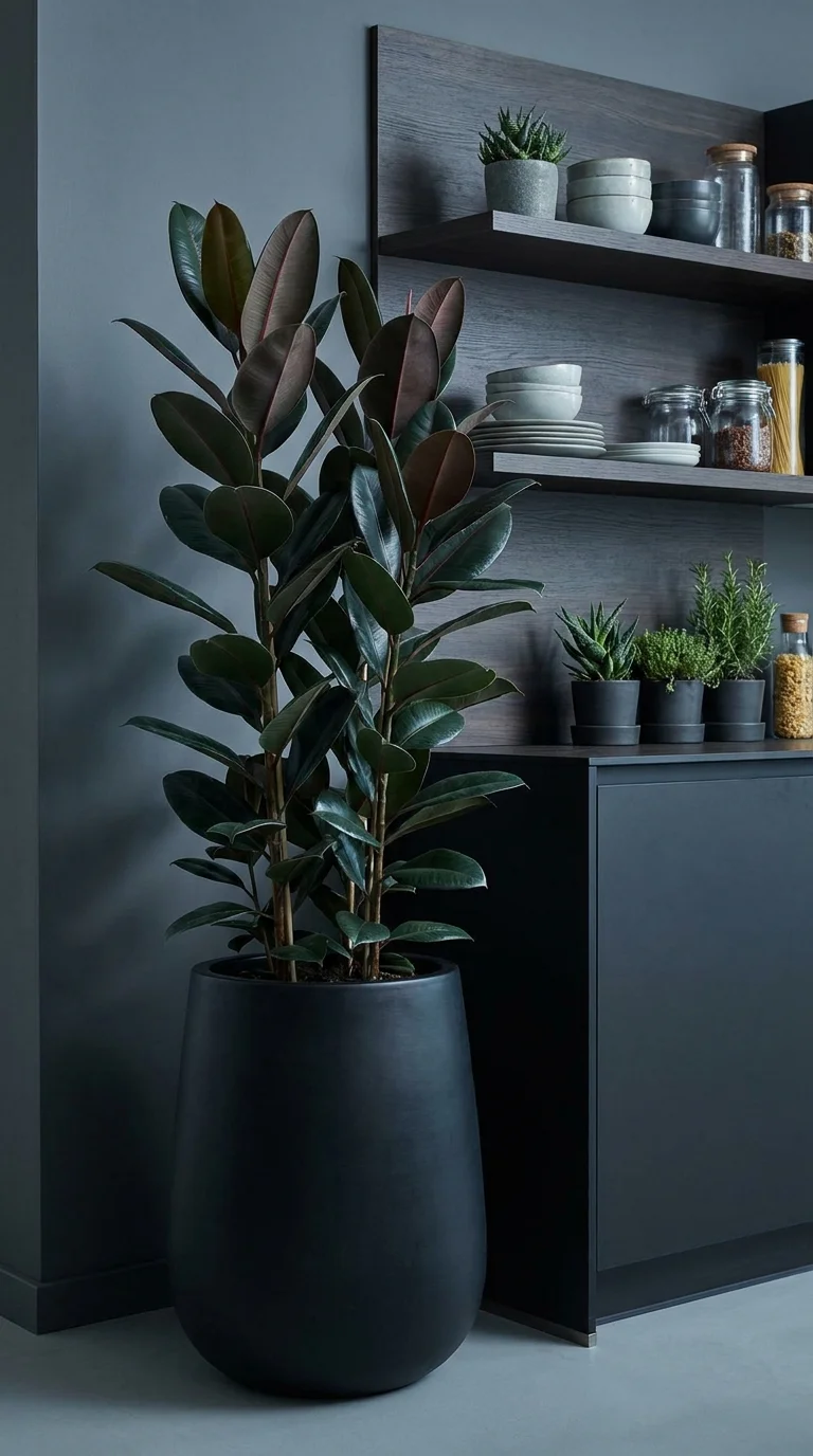 Dark burgundy rubber plant leaves in a tall black floor planter