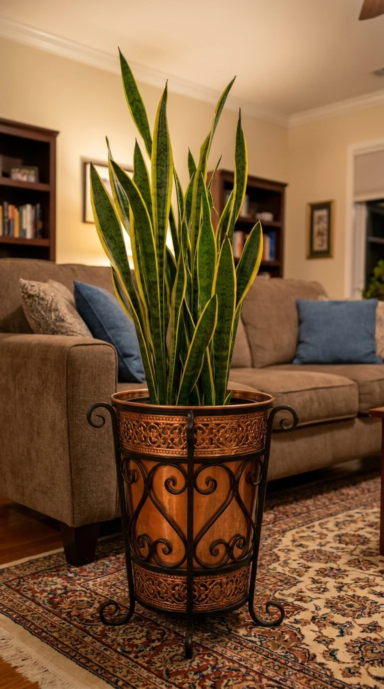 Variegated snake plant leaves rising from an ornate copper plant stand