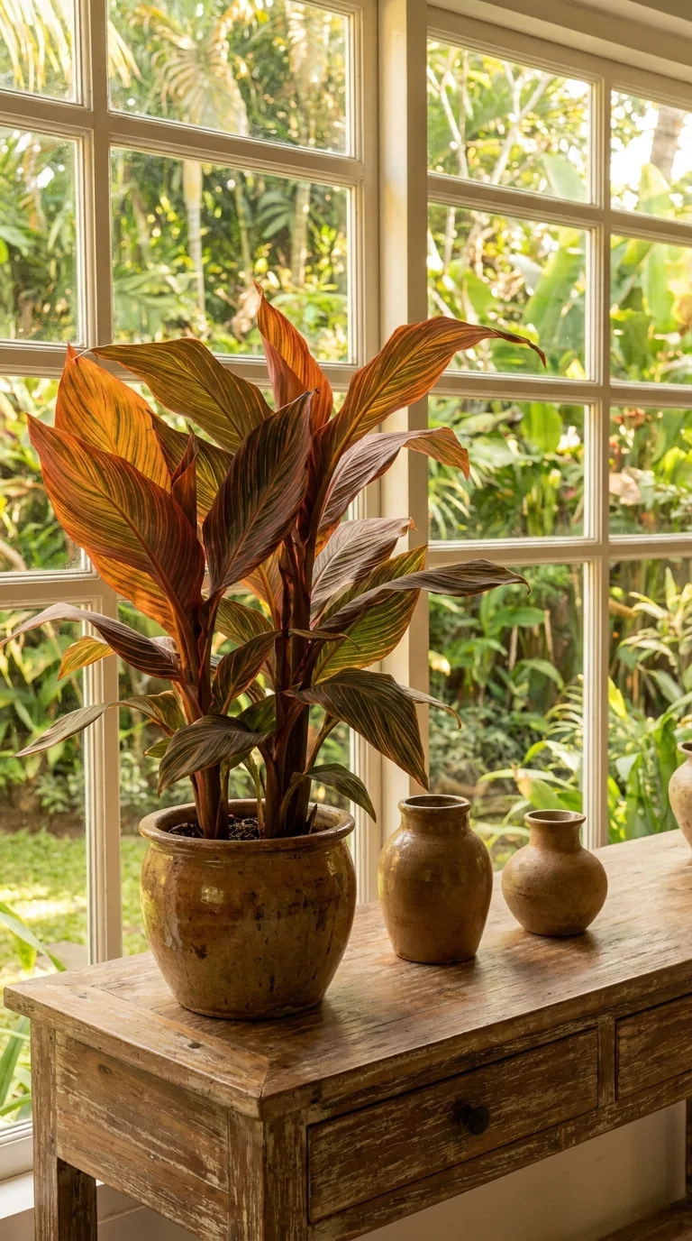 Striped cordyline leaves in an aged terracotta pot by a window