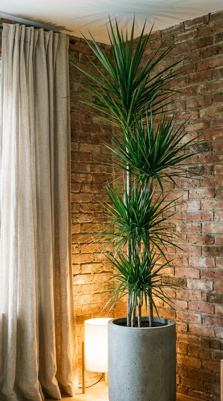 Spiky dracaena plant in a concrete planter against exposed brick wall
