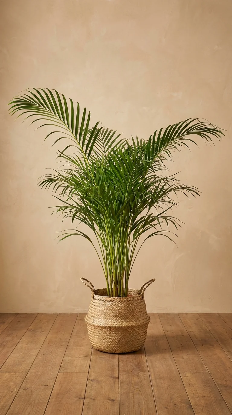 Areca palm fronds arching from a woven seagrass storage basket