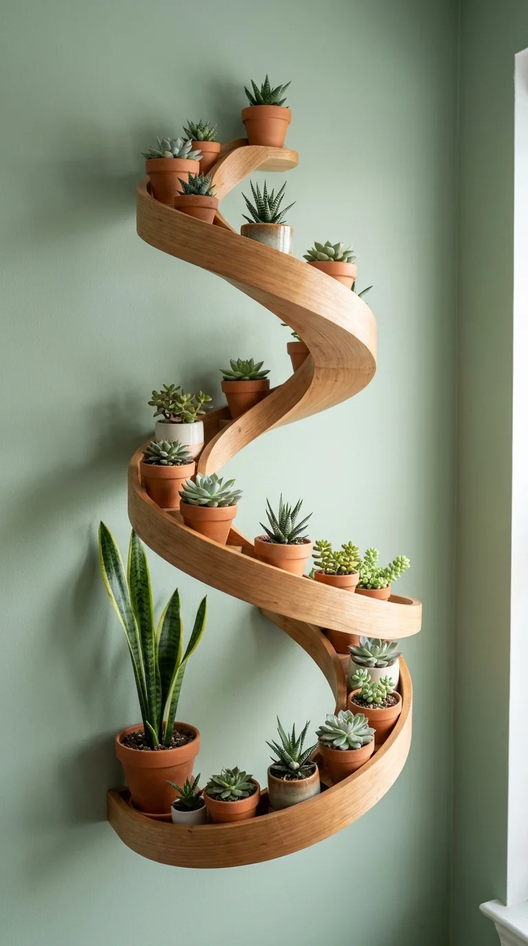 Succulents and snake plants arranged along a curved wooden spiral shelf
