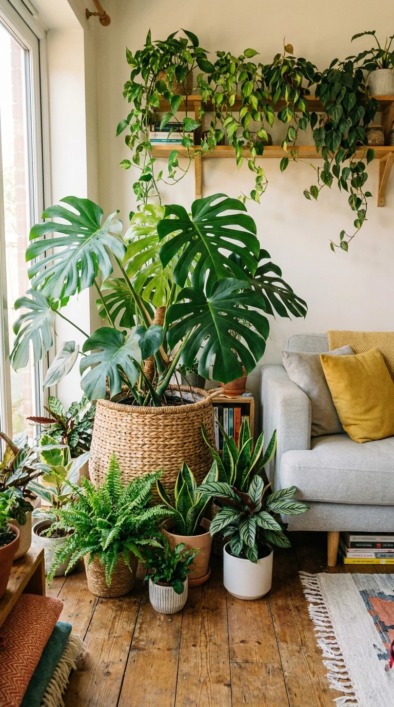 Monstera and trailing plants filling a cozy living room reading corner