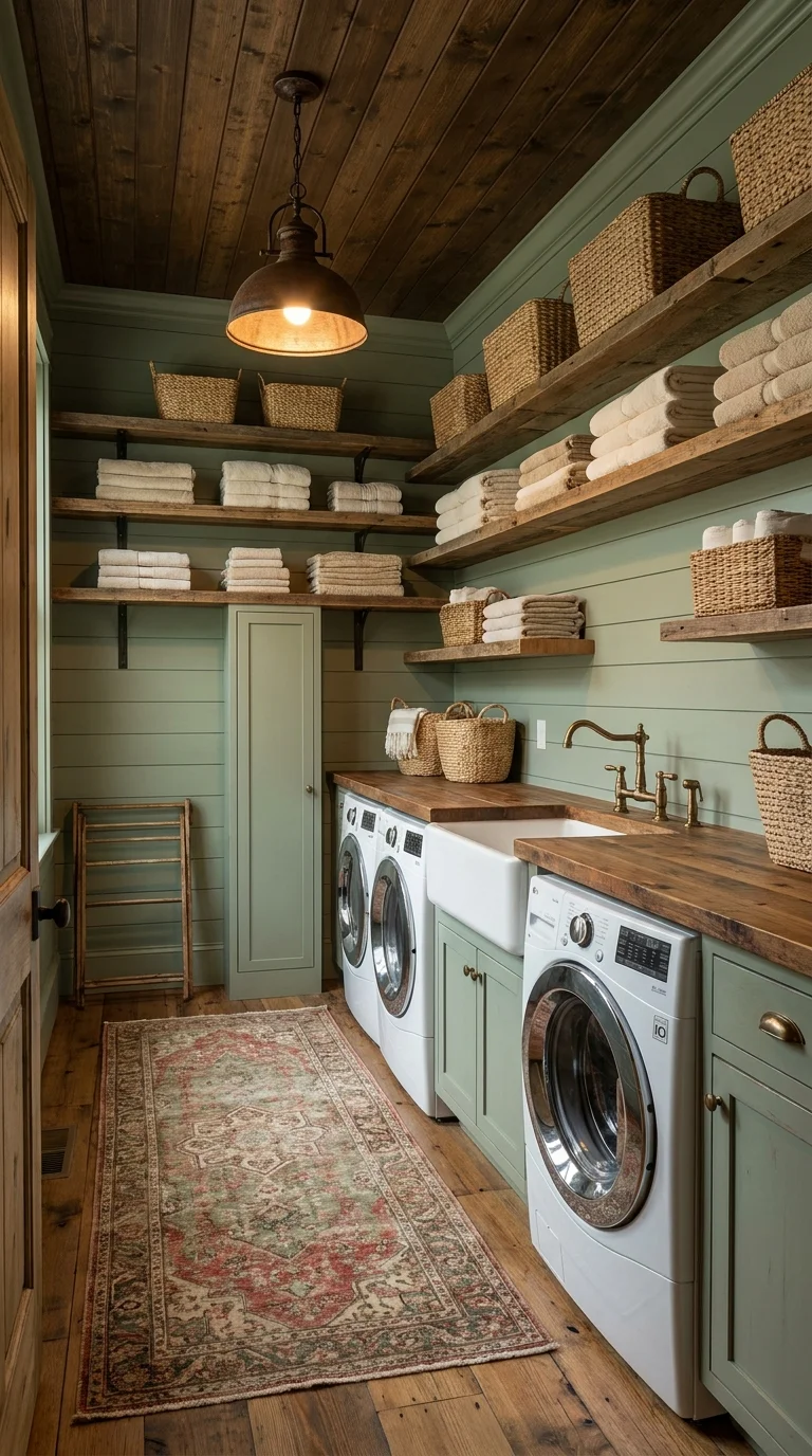 Rustic farmhouse laundry room with sage green shiplap walls and dark wood ceiling