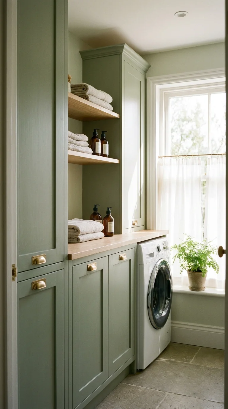 Narrow sage green laundry nook with floor-to-ceiling cabinetry and a sunlit window