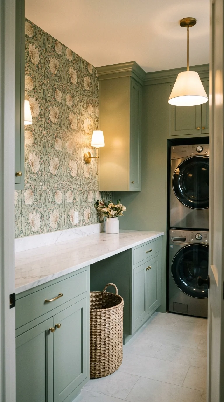 Sage green laundry room with floral wallpaper accent wall and marble countertop