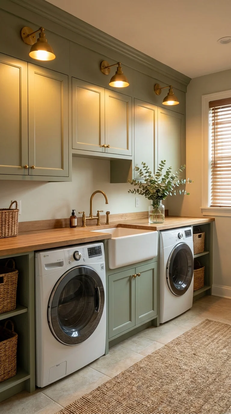 Sage green laundry room lit by three warm brass wall sconces above the counter