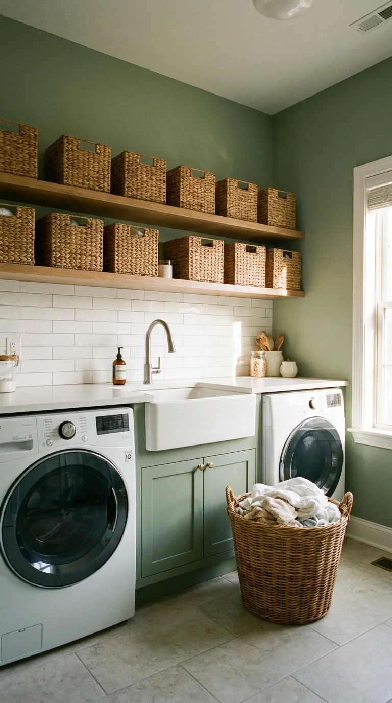 Sage green laundry room with matching woven baskets lined across open wood shelving