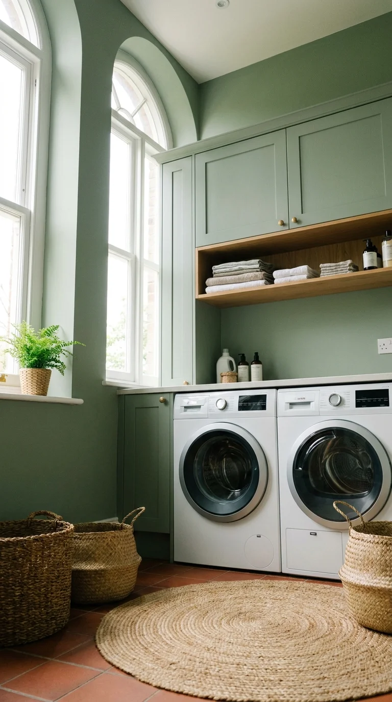 Bright sage green laundry room with tall arched windows and terracotta tile floor