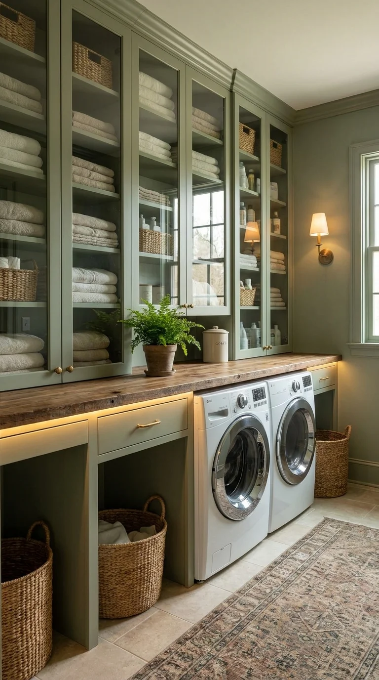Sage green laundry room with glass-front cabinets displaying folded towels