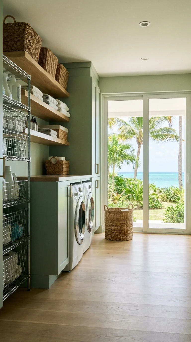 Sage green laundry room opening through sliding glass doors to a tropical ocean view