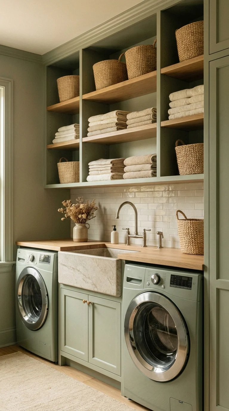 Sage green laundry room with washer and dryer panels matching the cabinetry