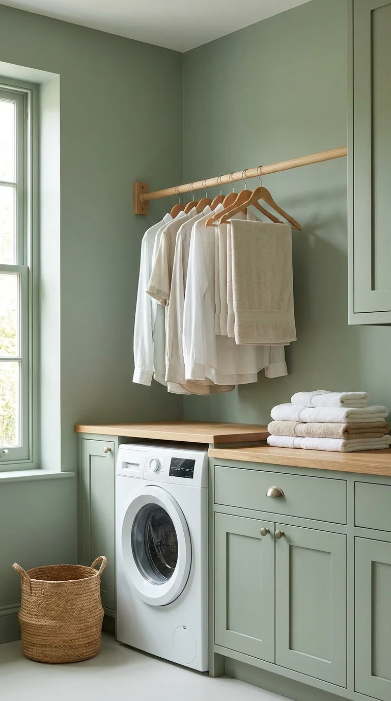 Minimalist sage green laundry room with a wall-mounted clothes rod instead of shelving