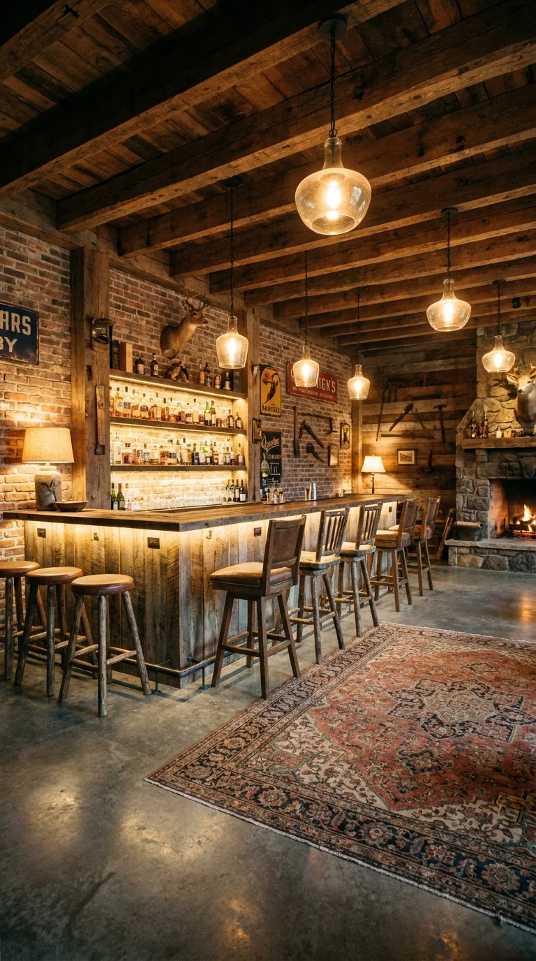 Alt text: reclaimed wood basement bar with exposed brick wall and warm pendant lighting